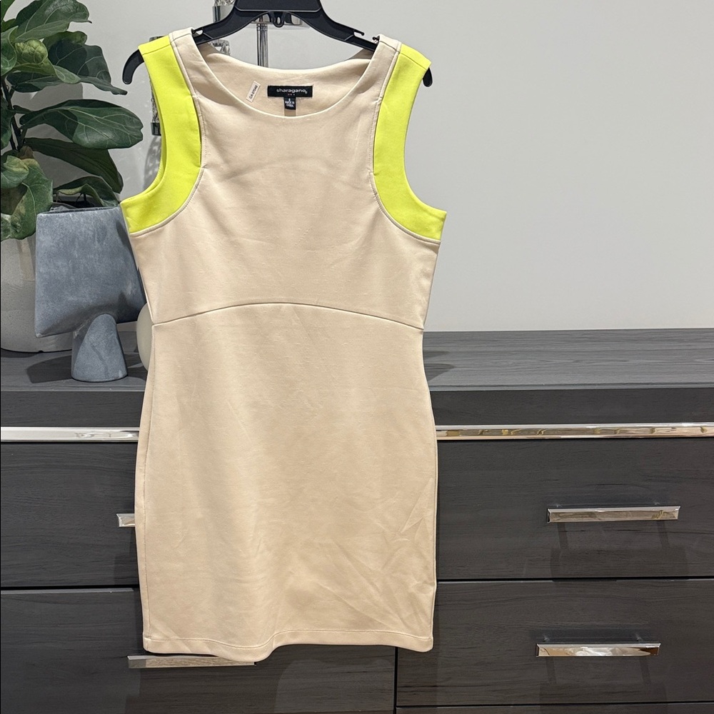 Sharagano Cream and Neon Yellow Sleeveless Dress